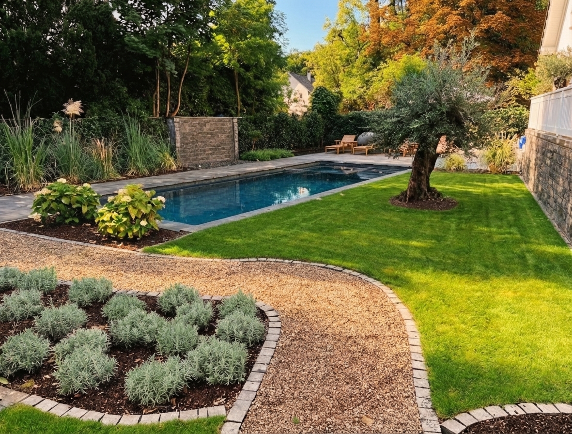 Gestalteter Privatgarten mit Pool, Rollrasen und Bepflanzung von Grünschnitt by Amini